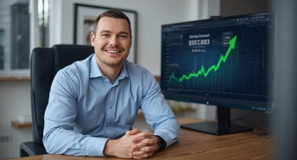 man sitting behind desk with a picture of savings account going higher with a line graph