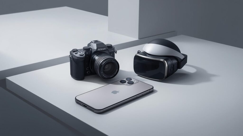 i need a picture of an iphone 17 pro max next to a nikon dslr next to meta vr goggles